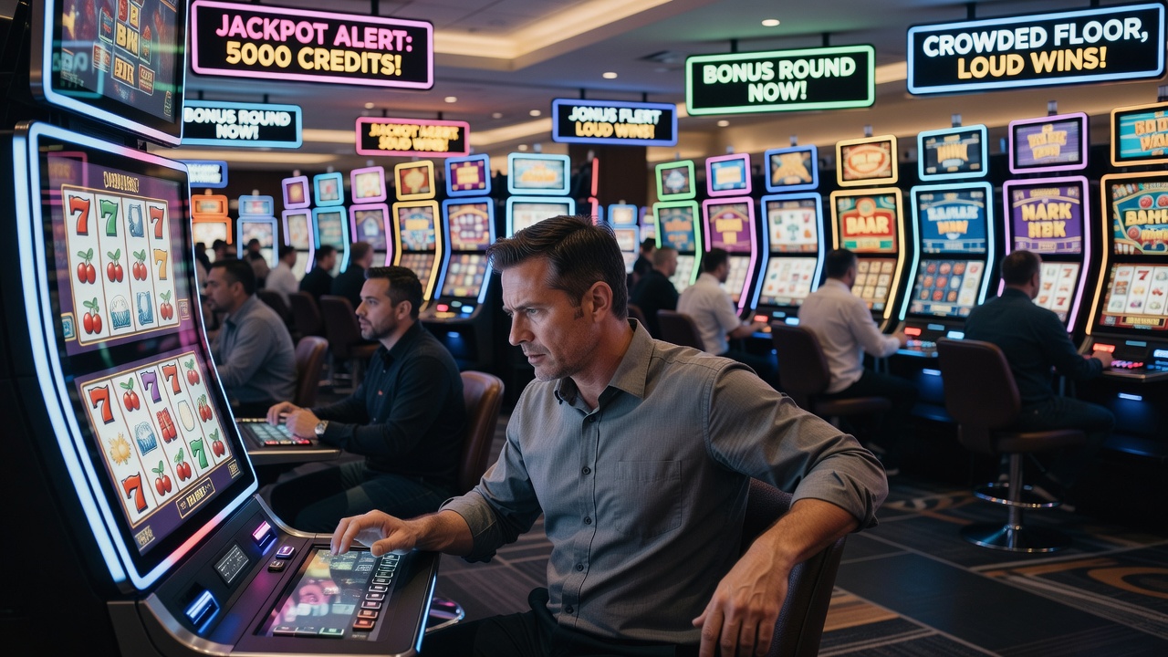 Close-up of slot machine interface with players in background on a busy floor