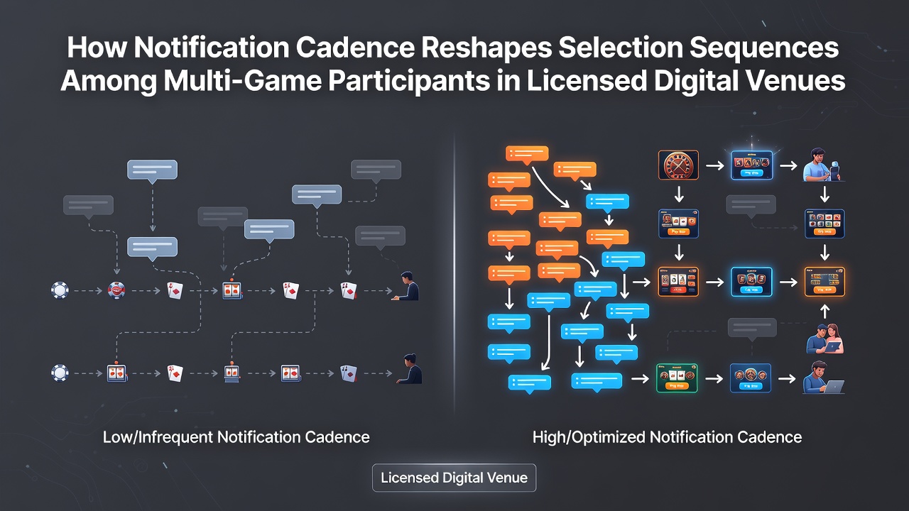 Digital gaming interface showing notification settings and game selection screens in a licensed online venue