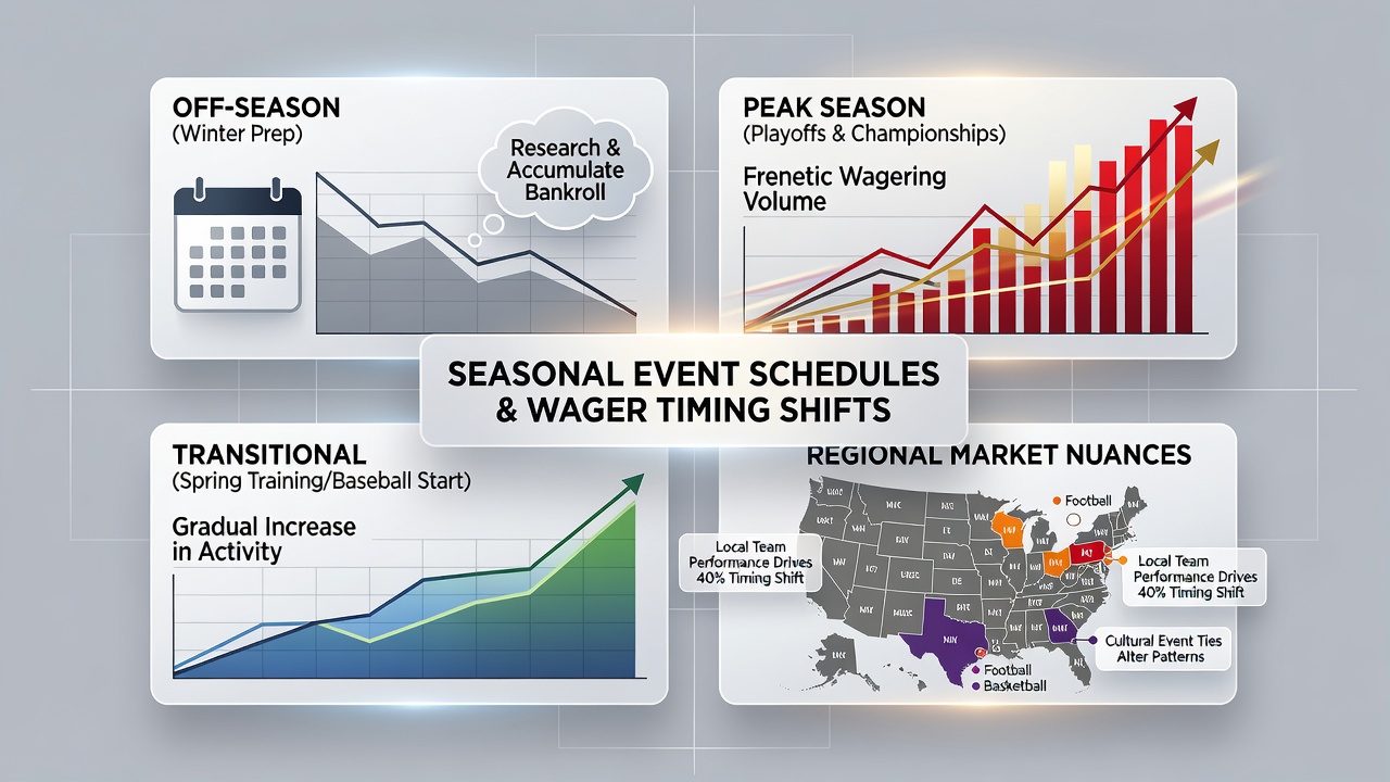 Sports bettors reviewing seasonal schedules and wager timing data on multiple devices in a regional betting venue