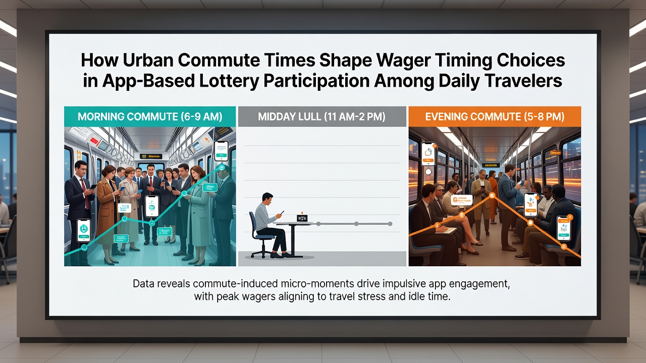 Commuter reviewing lottery app interface while waiting at a busy city bus stop during afternoon rush hour