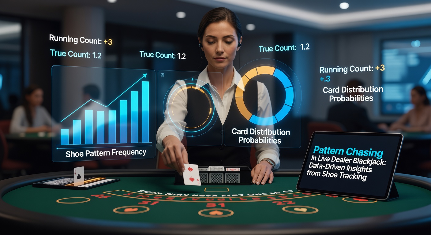 Close-up of a blackjack shoe tracker app displaying outcome graphs and pattern predictions on a laptop during a live stream