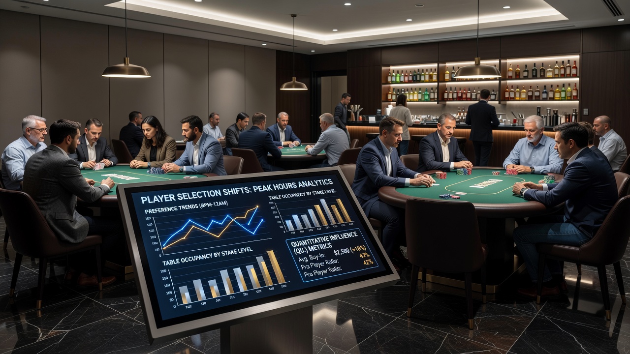 Poker players reviewing available seats on a digital board while others wait for assignment in a crowded room