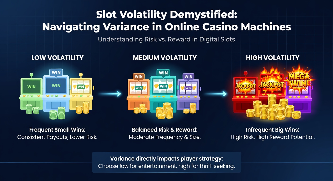 Line graph illustrating low, medium, and high volatility payout distributions over 1,000 spins, with high volatility showing extreme peaks and troughs
