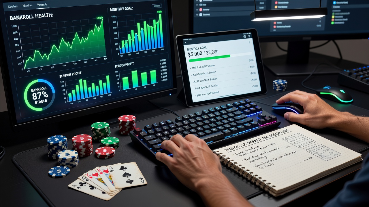 Online poker platform screenshot displaying chip stacks, bet sliders, and real-time bankroll indicators on a digital table interface