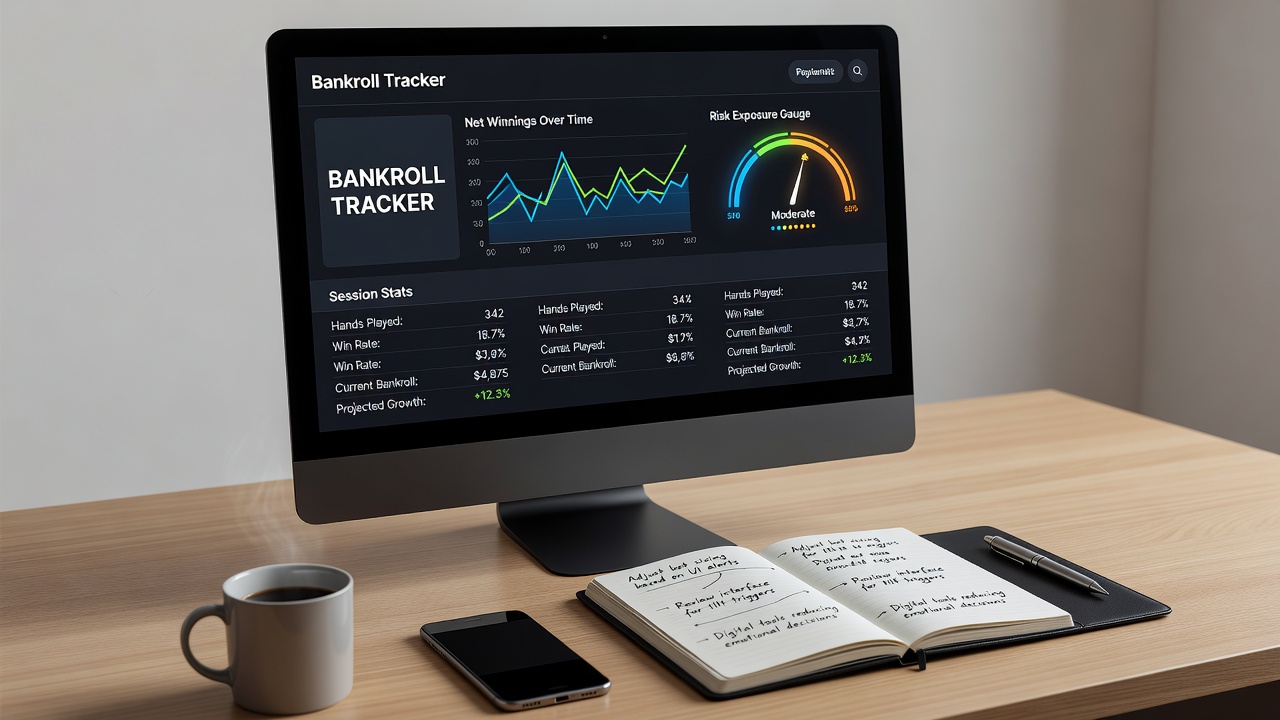 Close-up view of poker software dashboard with spending limit toggles, session history charts, and multi-table bankroll overview